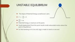 UNSTABLE EQUILIBRIUM
 The slope of Potential Energy curve(Force) is zero.
 𝐹 = −
𝑑𝑣
𝑑𝑥
= 0

𝑑2𝑣
𝑑𝑥2 =-ve
 Potential Energy is maximum at this point.
 Small displacement from this point results small unbounded motion about the
point of equilibrium.
 Ex: Rod standing on its one end, egg is made to stand on one end
 