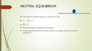 NEUTRAL EQUILIBRIUM
 The slope of Potential Energy curve(Force) is zero.
 𝐹 = −
𝑑𝑣
𝑑𝑥
= 0

𝑑2𝑣
𝑑𝑥2 = 0
 Potential Energy is constant at this point.
 Small displacement from this point results no change about the point of
equilibrium.
 