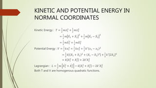 KINETIC AND POTENTIAL ENERGY IN
NORMAL COORDINATES
Kinetic Energy : 𝑇 =
1
2
𝑚𝑥1
2
+
1
2
𝑚𝑥2
2
=
1
2
𝑚 𝑋1 + 𝑋2
2
+
1
2
𝑚 𝑋1 − 𝑋2
2
=
1
2
𝑚𝑋1
2
+
1
2
𝑚𝑋2
2
Potential Energy : 𝑉 =
1
2
𝑘𝑥1
2
=
1
2
𝑘𝑥2
2
+
1
2
𝑘′
𝑥1 − 𝑥2
2
=
1
2
𝑘 𝑋1 + 𝑋2
2
+ 𝑋1 − 𝑋2
2
+
1
2
𝑘′
2𝑋2
2
= 𝑘 𝑋1
2
+ 𝑋2
2
+ 2𝑘′𝑋2
2
Lagrangian : 𝐿 =
1
2
𝑚 𝑋1
2
+ 𝑋2
2
− 𝑘 𝑋1
2
+ 𝑋2
2
− 2𝑘′
𝑋2
2
Both T and V are homogenous quadratic functions.
 