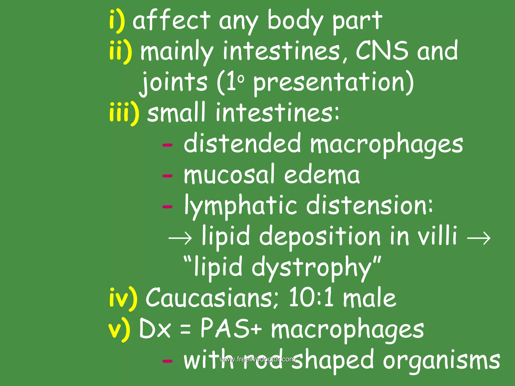 i)  affect any body part ii)  mainly intestines, CNS and    joints (1 o  presentation) iii)  small intestines: -  distended macrophages -  mucosal edema -  lymphatic distension:      lipid deposition in villi       “ lipid dystrophy” iv)  Caucasians; 10:1 male  v)  Dx = PAS+ macrophages -  with rod shaped organisms www.freelivedoctor.com 