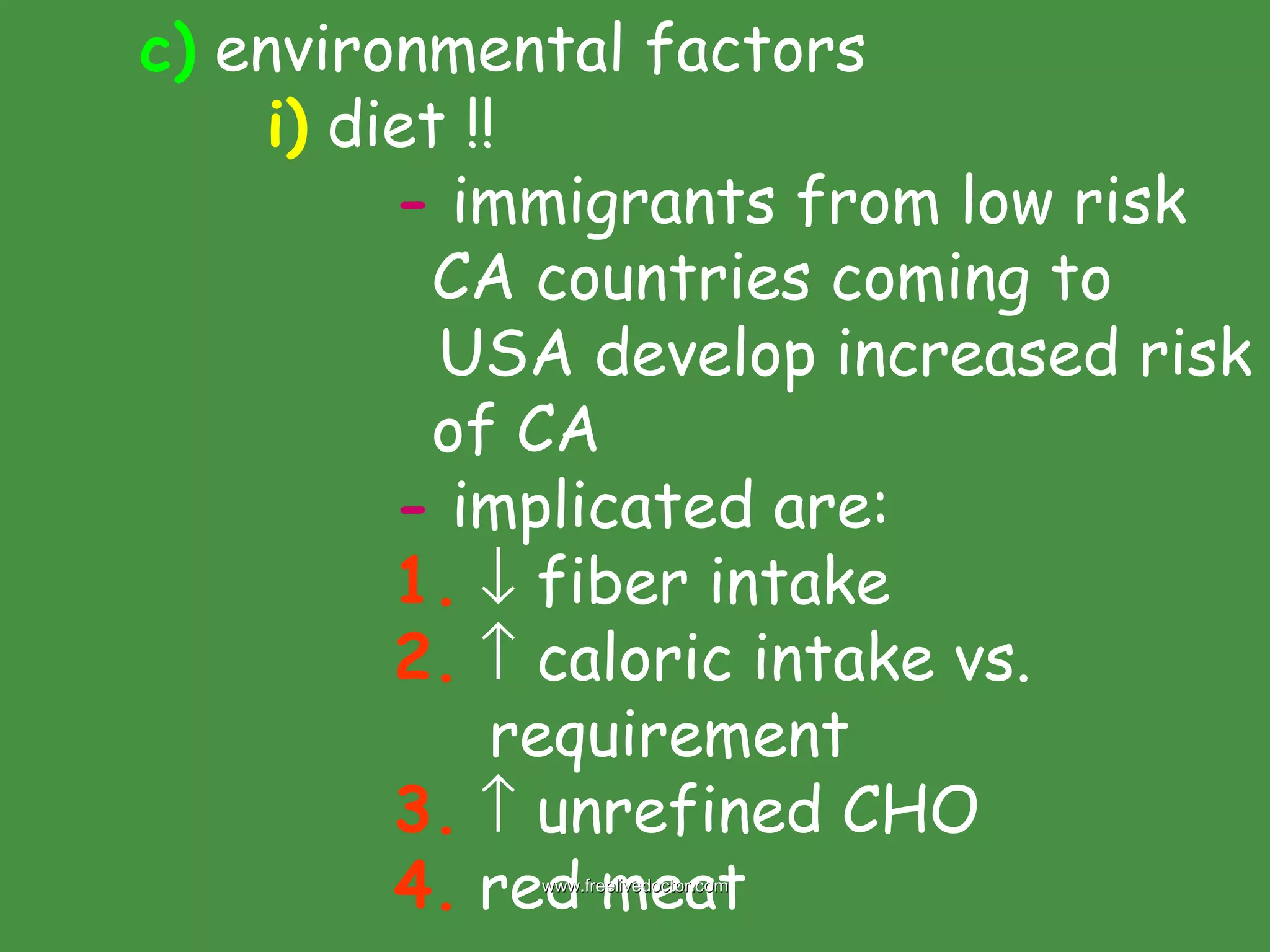c)  environmental factors i)  diet !! -  immigrants from low risk    CA countries coming to    USA develop increased risk    of CA -  implicated are: 1.     fiber intake 2.     caloric intake vs.    requirement 3.     unrefined CHO 4.  red meat www.freelivedoctor.com 