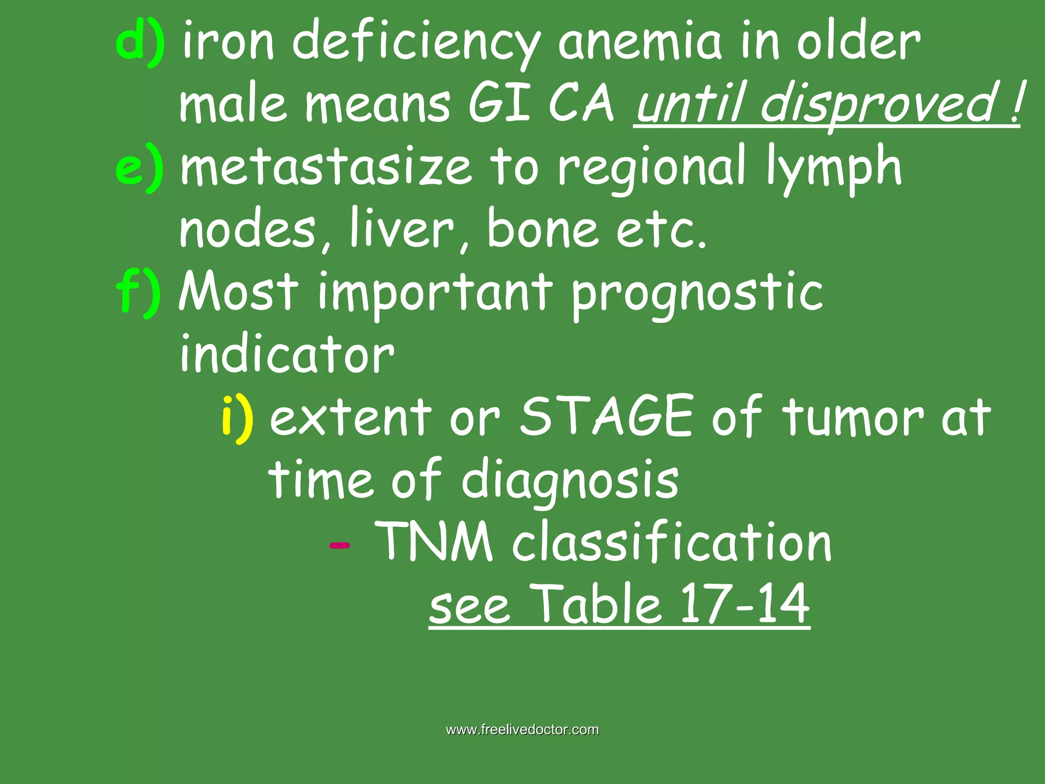 d)  iron deficiency anemia in older      male means GI CA  until disproved !   e)  metastasize to regional lymph      nodes, liver, bone etc. f)  Most important prognostic        indicator i)  extent or STAGE of tumor at    time of diagnosis -  TNM classification see Table 17-14 www.freelivedoctor.com 