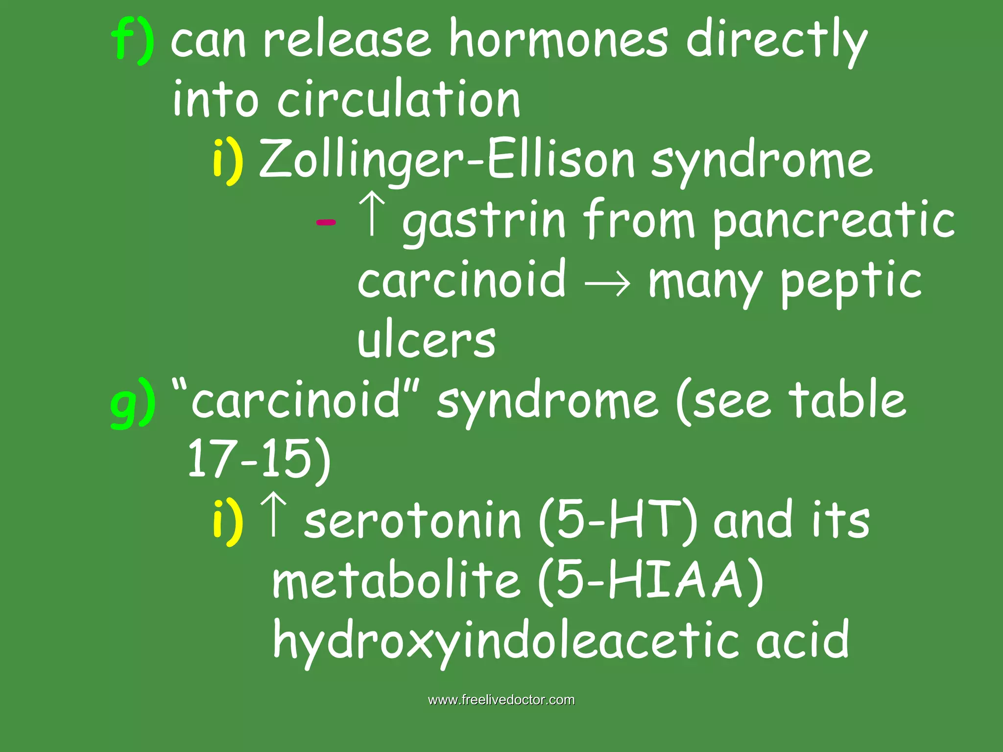 f)  can release hormones directly   into circulation i)  Zollinger-Ellison syndrome -     gastrin from pancreatic    carcinoid    many peptic    ulcers g)  “carcinoid” syndrome (see table    17-15) i)     serotonin (5-HT) and its    metabolite (5-HIAA)    hydroxyindoleacetic acid www.freelivedoctor.com 