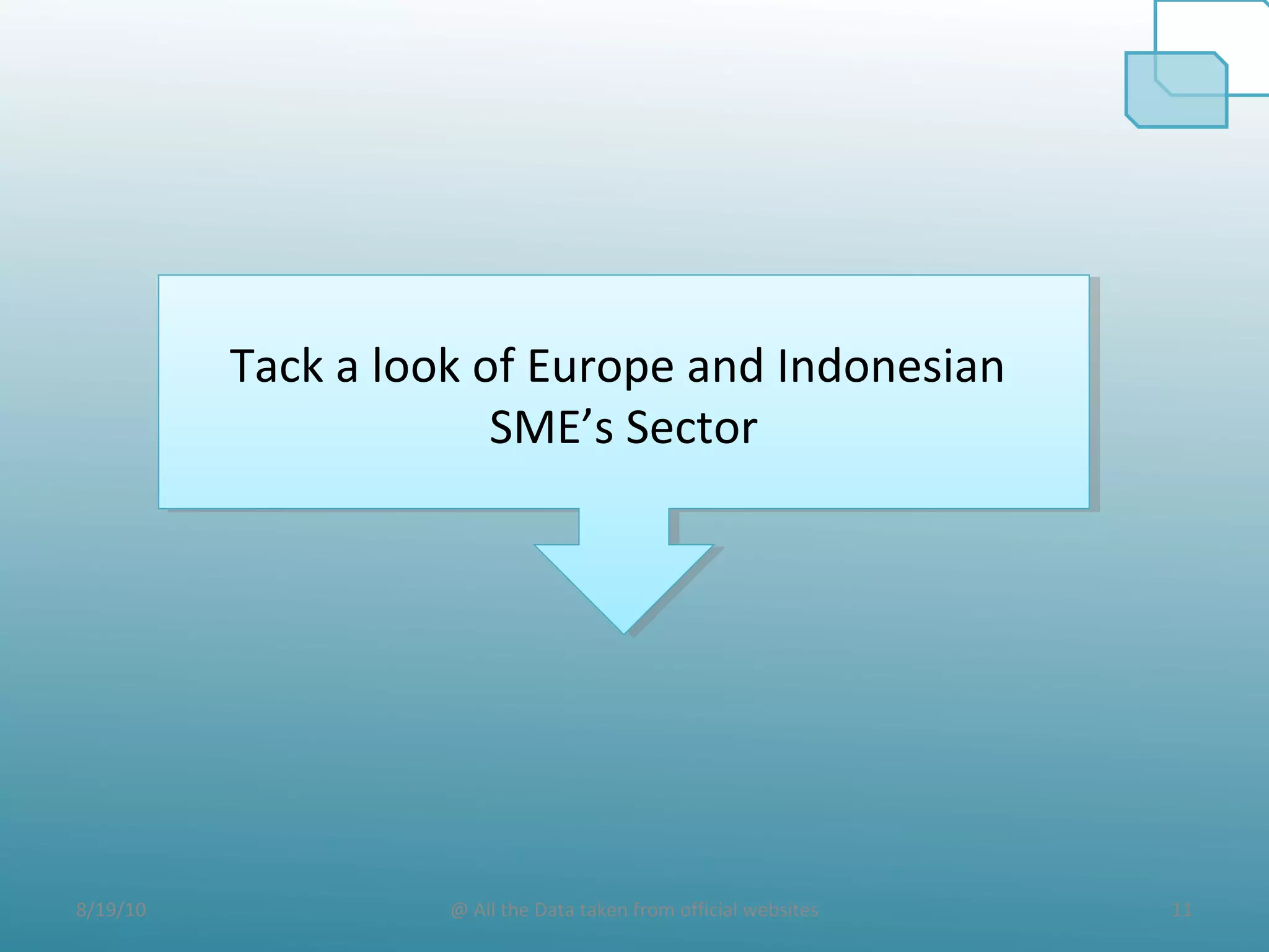 8/19/10 11@ All the Data taken from official websites
Tack a look of Europe and Indonesian
SME’s Sector
Tack a look of Europe and Indonesian
SME’s Sector
 