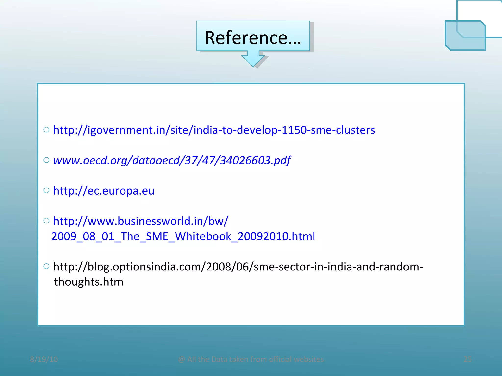 8/19/10 25@ All the Data taken from official websites
Reference…Reference…
o http://igovernment.in/site/india-to-develop-1150-sme-clusters
o www.oecd.org/dataoecd/37/47/34026603.pdf
o http://ec.europa.eu
o http://www.businessworld.in/bw/
2009_08_01_The_SME_Whitebook_20092010.html
o http://blog.optionsindia.com/2008/06/sme-sector-in-india-and-random-
thoughts.htm
 
