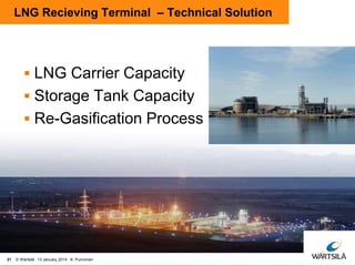 LNG Recieving Terminal – Technical Solution

 LNG Carrier Capacity
 Storage Tank Capacity
 Re-Gasification Process

21

© Wärtsilä 13 January 2014 K. Punnonen

 