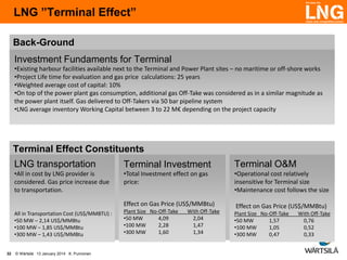LNG ”Terminal Effect”
Back-Ground
Investment Fundaments for Terminal
•Existing harbour facilities available next to the Terminal and Power Plant sites – no maritime or off-shore works
•Project Life time for evaluation and gas price calculations: 25 years
•Weighted average cost of capital: 10%
•On top of the power plant gas consumption, additional gas Off-Take was considered as in a similar magnitude as
the power plant itself. Gas delivered to Off-Takers via 50 bar pipeline system
•LNG average inventory Working Capital between 3 to 22 M€ depending on the project capacity

Terminal Effect Constituents
LNG transportation

Terminal Investment

Terminal O&M

•All in cost by LNG provider is
considered. Gas price increase due
to transportation.

•Total Investment effect on gas
price:

•Operational cost relatively
insensitive for Terminal size
•Maintenance cost follows the size

Effect on Gas Price (US$/MMBtu)
All in Transportation Cost (US$/MMBTU) :
•50 MW – 2,14 US$/MMBtu
•100 MW – 1,85 US$/MMBtu
•300 MW – 1,43 US$/MMBtu

32

© Wärtsilä 13 January 2014 K. Punnonen

Plant Size No-Off-Take
•50 MW
4,09
•100 MW
2,28
•300 MW
1,60

With Off-Take
2,04
1,47
1,34

Effect on Gas Price (US$/MMBtu)
Plant Size No-Off-Take
•50 MW
1,57
•100 MW
1,05
•300 MW
0,47

With Off-Take
0,76
0,52
0,33

 