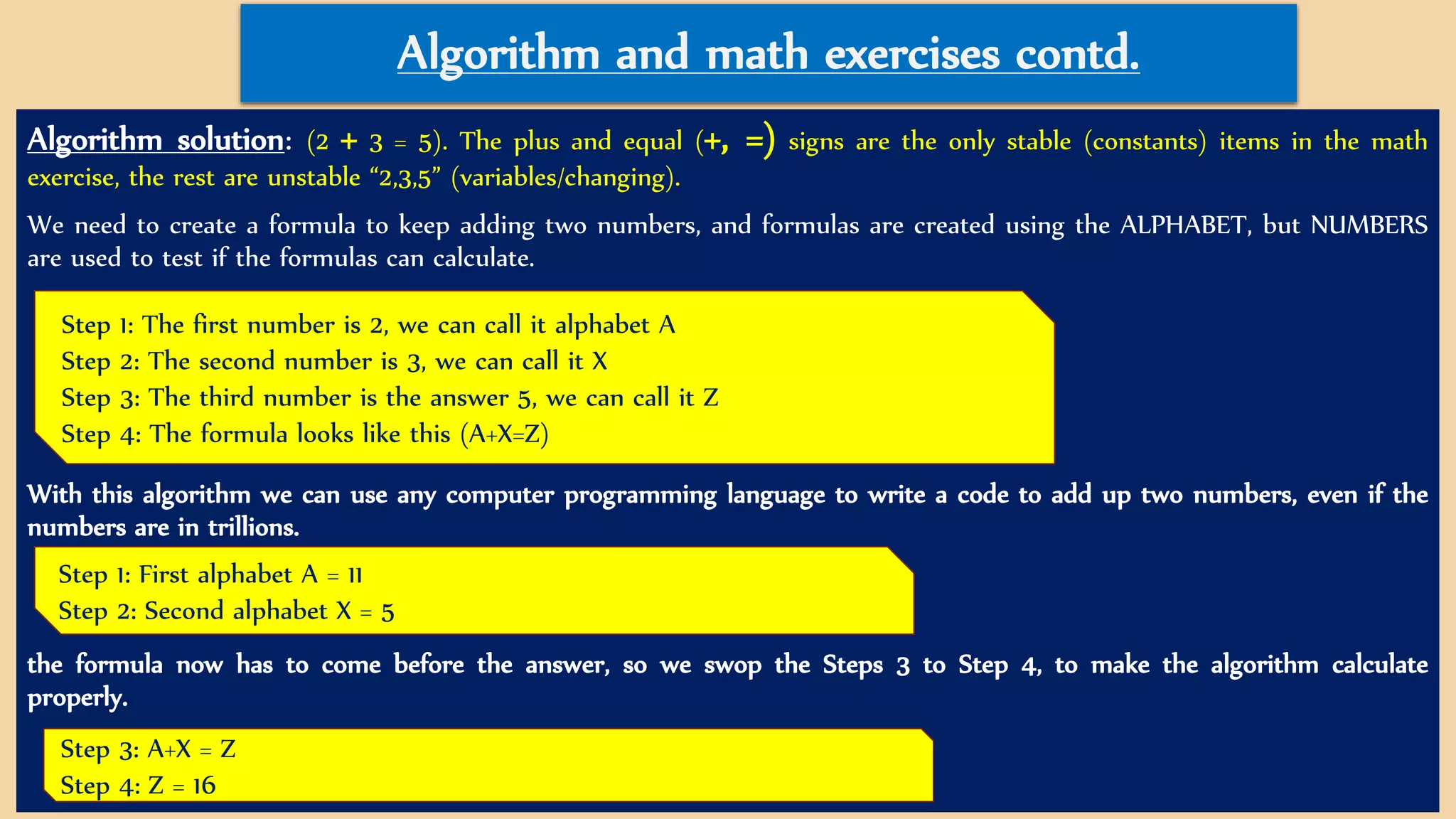 Algorithm and math exercises contd.
Algorithm solution: (2 + 3 = 5). The plus and equal (+, =) signs are the only stable (constants) items in the math
exercise, the rest are unstable “2,3,5” (variables/changing).
We need to create a formula to keep adding two numbers, and formulas are created using the ALPHABET, but NUMBERS
are used to test if the formulas can calculate.
With this algorithm we can use any computer programming language to write a code to add up two numbers, even if the
numbers are in trillions.
the formula now has to come before the answer, so we swop the Steps 3 to Step 4, to make the algorithm calculate
properly.
Step 1: The first number is 2, we can call it alphabet A
Step 2: The second number is 3, we can call it X
Step 3: The third number is the answer 5, we can call it Z
Step 4: The formula looks like this (A+X=Z)
Step 3: A+X = Z
Step 4: Z = 16
Step 1: First alphabet A = 11
Step 2: Second alphabet X = 5
 