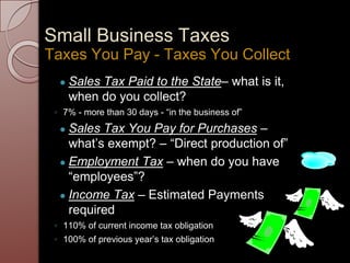 Small Business Taxes
● Sales Tax Paid to the State– what is it,
when do you collect?
◦ 7% - more than 30 days - “in the business of”
● Sales Tax You Pay for Purchases –
what’s exempt? – “Direct production of”
● Employment Tax – when do you have
“employees”?
● Income Tax – Estimated Payments
required
◦ 110% of current income tax obligation
◦ 100% of previous year’s tax obligation
Taxes You Pay - Taxes You Collect
 