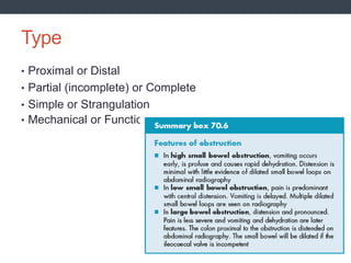 Type
• Proximal or Distal
• Partial (incomplete) or Complete
• Simple or Strangulation
• Mechanical or Functional
 