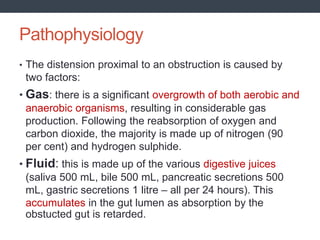Pathophysiology
• The distension proximal to an obstruction is caused by
two factors:
• Gas: there is a significant overgrowth of both aerobic and
anaerobic organisms, resulting in considerable gas
production. Following the reabsorption of oxygen and
carbon dioxide, the majority is made up of nitrogen (90
per cent) and hydrogen sulphide.
• Fluid: this is made up of the various digestive juices
(saliva 500 mL, bile 500 mL, pancreatic secretions 500
mL, gastric secretions 1 litre – all per 24 hours). This
accumulates in the gut lumen as absorption by the
obstucted gut is retarded.
 
