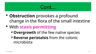 19
Cont…
 Obstruction provokes a profound
change in the flora of the small intestine
 With stasis permitting
Overgrowth of the few native species
Reverse peristalsis from the colonic
microbiota
7/14/2025
 
