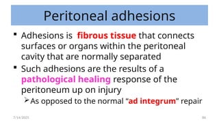 86
Peritoneal adhesions
 Adhesions is fibrous tissue that connects
surfaces or organs within the peritoneal
cavity that are normally separated
 Such adhesions are the results of a
pathological healing response of the
peritoneum up on injury
As opposed to the normal “ad integrum” repair
7/14/2025
 