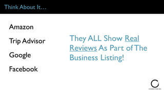 Trip Advisor
Think About It…
Google
Facebook
Amazon
They ALL Show Real
Reviews As Part of The
Business Listing!
 