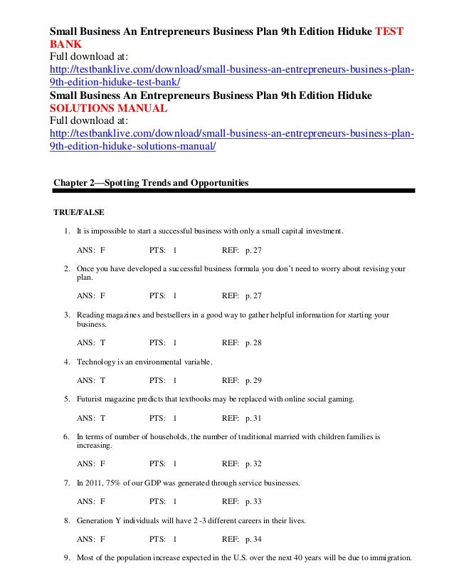 small business an entrepreneurs business plan 9th edition hiduke test small business p l