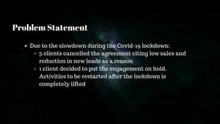 Due to the slowdown during the Covid-19 lockdown:
3 clients cancelled the agreement citing low sales and
reduction in new leads as a reason
1 client decided to put the engagement on hold.
Activities to be restarted after the lockdown is
completely lifted
Problem Statement
 
