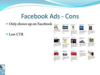 Facebook Ads - Cons
 Only shows up on Facebook


 Low CTR
 
