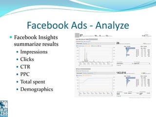 Facebook Ads - Analyze
 Facebook Insights
 summarize results
   Impressions
   Clicks
   CTR
   PPC
   Total spent
   Demographics
 