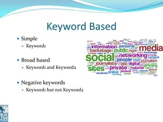 Keyword Based
 Simple
    Keyword1


 Broad based
    Keyword1 and Keyword2


 Negative keywords
    Keyword1 but not Keyword2
 