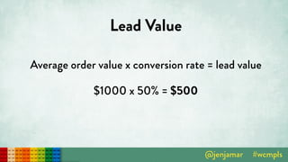 Lead Value
Average order value x conversion rate = lead value
$1000 x 50% = $500
 