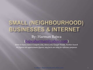 Small (neighbourhood) Businesses & internet	 By: Harman Bajwa (bajwaharman@yahoo.com) Data & Facts source: Compete.com, Alexa.com, Google Trends, Twitter Search All figures are approximate figures, any facts are only for reference purposes 1 Contact : bajwaharman@yahoo.com 