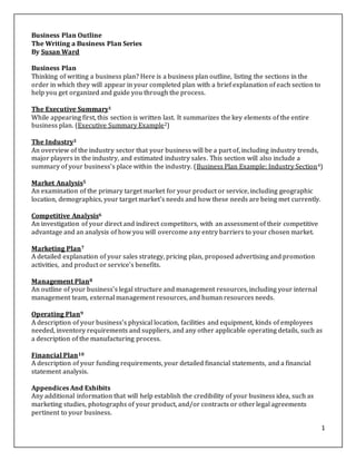 1
Business Plan Outline
The Writing a Business Plan Series
By Susan Ward
Business Plan
Thinking of writing a business plan? Here is a business plan outline, listing the sections in the
order in which they will appear in your completed plan with a brief explanation of each section to
help you get organized and guide you through the process.
The Executive Summary1
While appearing first, this section is written last. It summarizes the key elements of the entire
business plan. (Executive Summary Example2)
The Industry3
An overview of the industry sector that your business will be a part of, including industry trends,
major players in the industry, and estimated industry sales. This section will also include a
summary of your business's place within the industry. (Business Plan Example: Industry Section4)
Market Analysis5
An examination of the primary target market for your product or service, including geographic
location, demographics, your target market's needs and how these needs are being met currently.
Competitive Analysis6
An investigation of your direct and indirect competitors, with an assessment of their competitive
advantage and an analysis of how you will overcome any entry barriers to your chosen market.
Marketing Plan7
A detailed explanation of your sales strategy, pricing plan, proposed advertising and promotion
activities, and product or service's benefits.
Management Plan8
An outline of your business's legal structure and management resources, including your internal
management team, external management resources, and human resources needs.
Operating Plan9
A description of your business's physical location, facilities and equipment, kinds of employees
needed, inventory requirements and suppliers, and any other applicable operating details, such as
a description of the manufacturing process.
Financial Plan10
A description of your funding requirements, your detailed financial statements, and a financial
statement analysis.
Appendices And Exhibits
Any additional information that will help establish the credibility of your business idea, such as
marketing studies, photographs of your product, and/or contracts or otherlegal agreements
pertinent to your business.
 