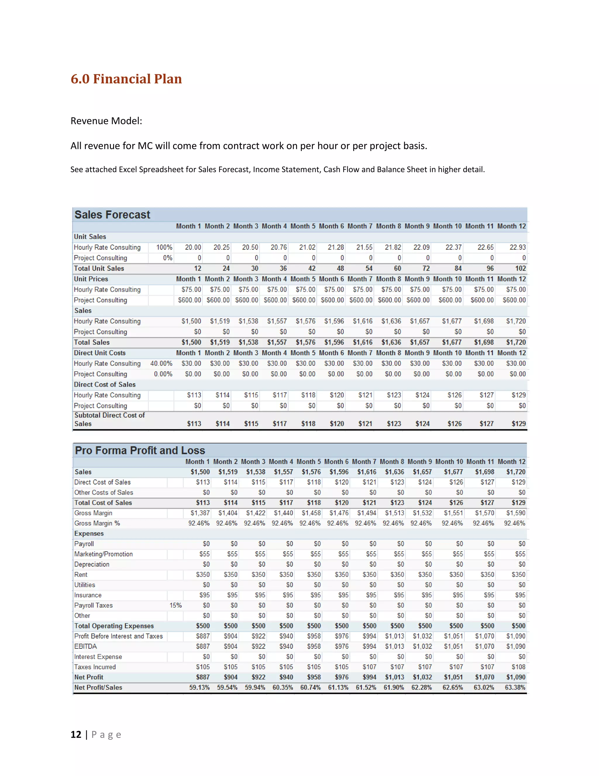 6.0 Financial Plan

Revenue Model:

All revenue for MC will come from contract work on per hour or per project basis.

See attached Excel Spreadsheet for Sales Forecast, Income Statement, Cash Flow and Balance Sheet in higher detail.




12 | P a g e
 
