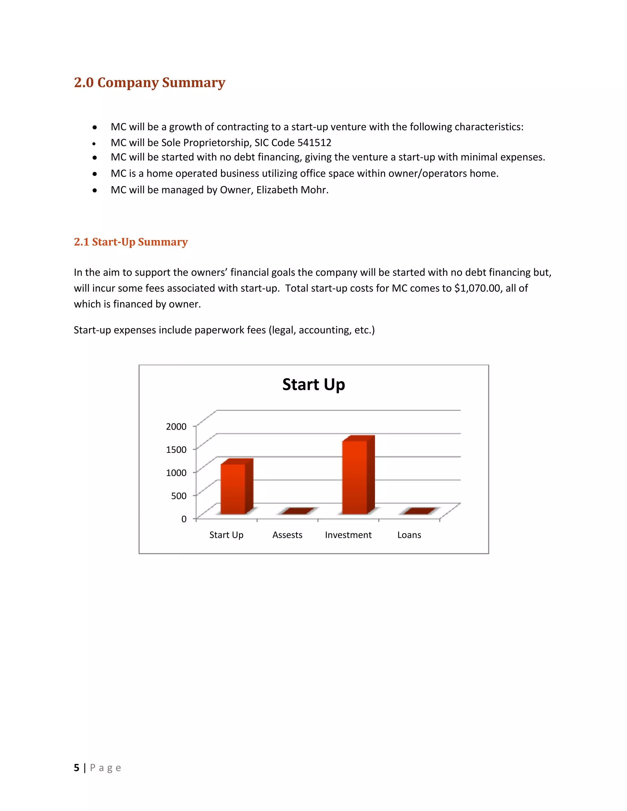 2.0 Company Summary

        MC will be a growth of contracting to a start-up venture with the following characteristics:
        MC will be Sole Proprietorship, SIC Code 541512
        MC will be started with no debt financing, giving the venture a start-up with minimal expenses.
        MC is a home operated business utilizing office space within owner/operators home.
        MC will be managed by Owner, Elizabeth Mohr.



2.1 Start-Up Summary

In the aim to support the owners’ financial goals the company will be started with no debt financing but,
will incur some fees associated with start-up. Total start-up costs for MC comes to $1,070.00, all of
which is financed by owner.

Start-up expenses include paperwork fees (legal, accounting, etc.)




                                             Start Up

                    2000

                    1500

                    1000

                     500

                       0
                             Start Up      Assests     Investment      Loans




5|Page
 
