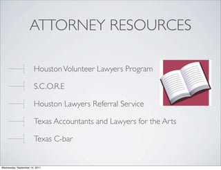 ATTORNEY RESOURCES

                       Houston Volunteer Lawyers Program

                       S.C.O.R.E

          ...