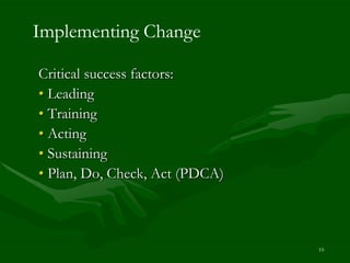 Implementing Change

Critical success factors:
• Leading
• Training
• Acting
• Sustaining
• Plan, Do, Check, Act (PDCA)



                                10
 