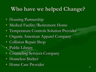 Who have we helped Change?
•   Housing Partnership
•   Medical Facility/Retirement Home
•   Temperature Controls Solution Provider
•   Organic American Apparel Company
•   Collision Repair Shop
•   Public Library
•   Counseling Services Company
•   Homeless Shelter
•   Home Care Provider                       25
 