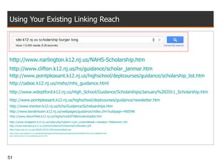 Using Your Existing Linking Reach http://www.narlington.k12.nj.us/NAHS-Scholarship.htm http://www.clifton.k12.nj.us/hs/guidance/scholar_janmar.htm http://www.pointpleasant.k12.nj.us/highschool/deptcourses/guidance/scholarship_list.htm http://saboe.k12.nj.us/mshs/mhs_guidance.html http://www.wdeptford.k12.nj.us/High_School/Guidance/Scholarships/January%202011_Scholarship.htm http://www.pointpleasant.k12.nj.us/highschool/deptcourses/guidance/newsletter.htm http://www.trenton.k12.nj.us/tchs/Guidance/Scholoarships.htm http://www.bordentown.k12.nj.us/webpages/guidance/index.cfm?subpage=400546 http://www.bloomfield.k12.nj.us/Highschool/0708shcolarshiplist.htm http://www.bridgeton.k12.nj.us/index.php?option=com_content&task=view&id=75&Itemid=342 http://www.keansburg.k12.nj.us/khs/Guidance/Scholarship%20bulletin.pdf http://www.nps.k12.nj.us/236620129101236910/site/default.asp http://www.monroetwp.k12.nj.us/HighSchool/Departments/Guidance/Contents/SCHOLARSHP/2010-2011/Bulletin4.html http://www.montclair.k12.nj.us/WebPage.aspx?Id=506 