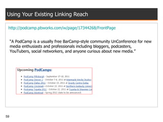 Using Your Existing Linking Reach http://podcamp.pbworks.com/w/page/17344268/FrontPage “ A PodCamp is a usually free BarCamp-style community UnConference for new media enthusiasts and professionals including bloggers, podcasters, YouTubers, social networkers, and anyone curious about new media.” 