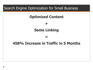 Search Engine Optimization for Small Business Optimized Content + Some Linking = 458% Increase in Traffic in 5 Months 