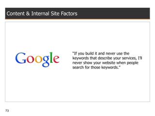 Content & Internal Site Factors “ If you build it and never use the keywords that describe your services, I’ll never show your website when people search for those keywords.” 