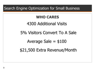 Search Engine Optimization for Small Business WHO CARES 4300 Additional Visits  5% Visitors Convert To A Sale  Average Sale = $100  $21,500 Extra Revenue/Month 