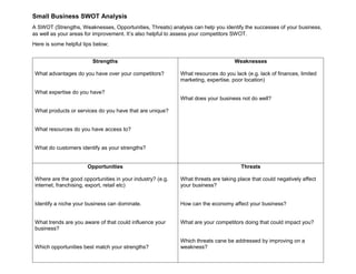 Small Business SWOT Analysis
A SWOT (Strengths, Weaknesses, Opportunities, Threats) analysis can help you identify the successes of your business,
as well as your areas for improvement. It’s also helpful to assess your competitors SWOT.
Here is some helpful tips below;
Strengths
What advantages do you have over your competitors?
What expertise do you have?
What products or services do you have that are unique?
What resources do you have access to?
What do customers identify as your strengths?
Weaknesses
What resources do you lack (e.g. lack of finances, limited
marketing, expertise, poor location)
What does your business not do well?
Opportunities
Where are the good opportunities in your industry? (e.g.
internet, franchising, export, retail etc)
Identify a niche your business can dominate.
What trends are you aware of that could influence your
business?
Which opportunities best match your strengths?
Threats
What threats are taking place that could negatively affect
your business?
How can the economy affect your business?
What are your competitors doing that could impact you?
Which threats cane be addressed by improving on a
weakness?
 