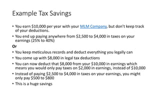 Example Tax Savings
• You earn $10,000 per year with your MLM Company, but don’t keep track
of your deductions.
• You end up paying anywhere from $2,500 to $4,000 in taxes on your
earnings (25% to 40%)
Or
• You keep meticulous records and deduct everything you legally can
• You come up with $8,000 in legal tax deductions
• You can now deduct that $8,000 from your $10,000 in earnings which
means you would only pay taxes on $2,000 in earnings, instead of $10,000
• Instead of paying $2,500 to $4,000 in taxes on your earnings, you might
only pay $500 to $800
• This is a huge savings
 