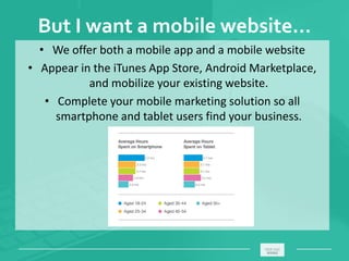 But I want a mobile website…
• We offer both a mobile app and a mobile website
• Appear in the iTunes App Store, Android Marketplace,
and mobilize your existing website.
• Complete your mobile marketing solution so all
smartphone and tablet users find your business.
_____________________________________________________ ________
 