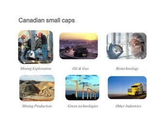 Canadian small caps




Mining Exploration     Oil & Gas          Biotechnology




 Mining Production   Green technologies   Other Industries
 