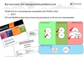 (C) 2014 ip.access Ltd All rights reserved 
But even here, the interoperability problems lurk 
TR196 v2.0.1 is not backwards compatible with TR196 v.2.0.0 
• 
WTF? 
SCF and NGMN studies have shown key procedures in X2 are non-interoperable 
X 
X 
? 
? 
X  