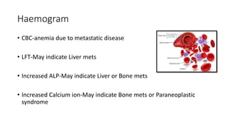 Haemogram
• CBC-anemia due to metastatic disease
• LFT-May indicate Liver mets
• Increased ALP-May indicate Liver or Bone mets
• Increased Calcium ion-May indicate Bone mets or Paraneoplastic
syndrome
 