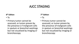 AJCC STAGING
8th Edition
• Tx
• Primary tumor cannot be
assessed, or tumor proven by
the presence o f malignant cells
in sputum or bronchial washings
but not visualized by imaging or
bronchoscopy
7th Edition
• Tx
• Primary tumor cannot be
assessed, or tumor proven by
the presence of malignant cells
in sputum or bronchial washings
but not visualized by imaging or
bronchoscopy
 