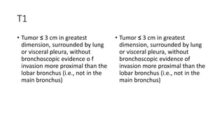 T1
• Tumor ≤ 3 cm in greatest
dimension, surrounded by lung
or visceral pleura, without
bronchoscopic evidence o f
invasion more proximal than the
lobar bronchus (i.e., not in the
main bronchus)
• Tumor ≤ 3 cm in greatest
dimension, surrounded by lung
or visceral pleura, without
bronchoscopic evidence of
invasion more proximal than the
lobar bronchus (i.e., not in the
main bronchus)
 