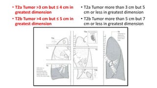 • T2a Tumor >3 cm but ≤ 4 cm in
greatest dimension
• T2b Tumor >4 cm but ≤ 5 cm in
greatest dimension
• T2a Tumor more than 3 cm but 5
cm or less in greatest dimension
• T2b Tumor more than 5 cm but 7
cm or less in greatest dimension
 