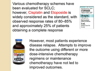 Various chemotherapy schemes have
been evaluated for SCLC;
however, Cisplatin and Etoposide is
widely considered as the standard, with
observed response rates of 80–85%
and approximately 25% of patients
obtaining a complete response
However, most patients experience
disease relapse. Attempts to improve
the outcome using different or more
dose-intensive chemotherapy
regimens or maintenance
chemotherapy have not led to
improved outcomes.
 