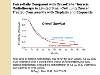Twice-Daily Compared with Once-Daily Thoracic
Radiotherapy in Limited Small-Cell Lung Cancer
Treated Concurrently with Cisplatin and Etoposide
N Engl J Med 1999; 340:265-271
total dose of thoracic radiotherapy was 45 Gy for each patient, 1.8 Gy daily
in 25 treatments over a period of five weeks or Accelerated twice-daily
thoracic radiotherapy involved the administration of 1.5 Gy in 30 treatments
over a period of three weeks.
 