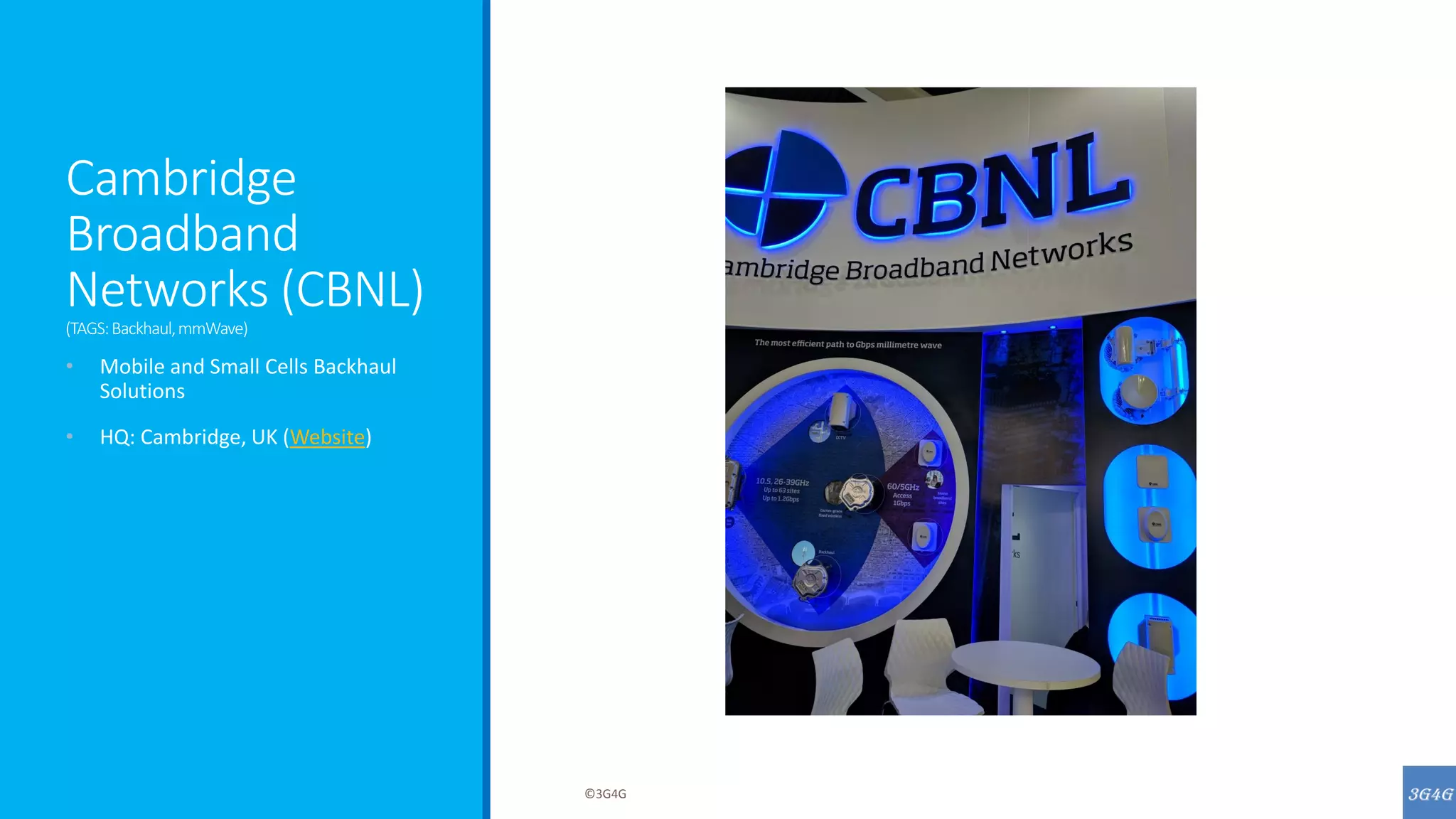 Cambridge
Broadband
Networks (CBNL)
(TAGS:Backhaul,mmWave)
• Mobile and Small Cells Backhaul
Solutions
• HQ: Cambridge, UK (Website)
©3G4G
 
