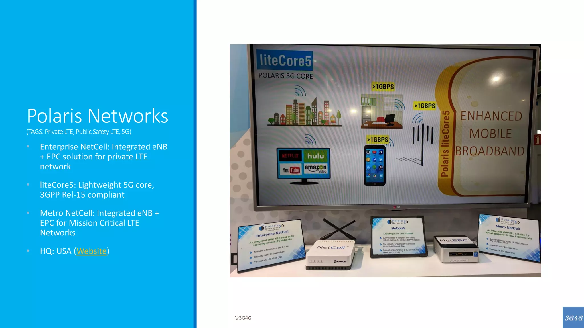 Polaris Networks
(TAGS:PrivateLTE,PublicSafetyLTE,5G)
• Enterprise NetCell: Integrated eNB
+ EPC solution for private LTE
network
• liteCore5: Lightweight 5G core,
3GPP Rel-15 compliant
• Metro NetCell: Integrated eNB +
EPC for Mission Critical LTE
Networks
• HQ: USA (Website)
©3G4G
 