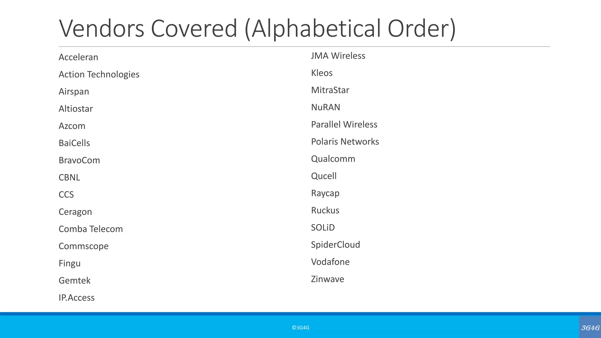 Vendors Covered (Alphabetical Order)
Acceleran
Action Technologies
Airspan
Altiostar
Azcom
BaiCells
BravoCom
CBNL
CCS
Ceragon
Comba Telecom
Commscope
Fingu
Gemtek
IP.Access
JMA Wireless
Kleos
MitraStar
NuRAN
Parallel Wireless
Polaris Networks
Qualcomm
Qucell
Raycap
Ruckus
SOLiD
SpiderCloud
Vodafone
Zinwave
©3G4G
 